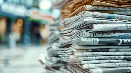 An Assortment of Fresh Newspapers Piled High, Captured Against a Blurred Backdrop - obrazy, fototapety, plakaty