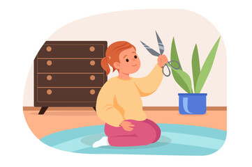 Dangers for kids concept with people scene in flat cartoon design. A little girl plays with sharp scissors and can hurt herself. Vector illustration.