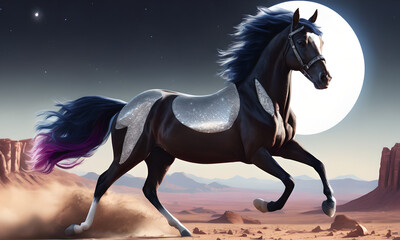 papier peint représentant un cheval au galop, en fond un environnement lunaire. - obrazy, fototapety, plakaty