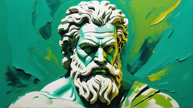 greek god zeus portrait green theme oil pallet knife paint painting on canvas with large brush strokes modern art illustration from Generative AI