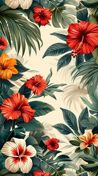Vibrant vintage tropical inspired floral with bird, for card background, wallpaper and wall art,
