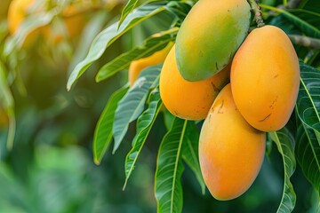 closeup of a yellow fresh sweat ripe mango on a tree with leaves in summer season