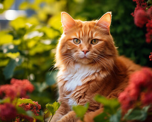 Naklejka na ściany i meble Cat on background of flowers outdoor.
