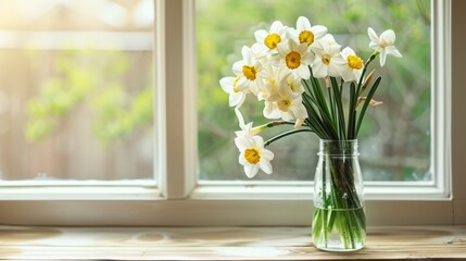 Obraz na płótnie Canvas A Vase Filled with White and Yellow Daffodils on a Wooden Windowsill, Crafting the Perfect Mother's Day Sentiment