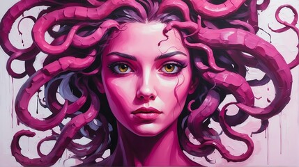 medusa portrait pink theme oil pallet knife paint painting on canvas with large brush strokes modern art illustration abstract from Generative AI