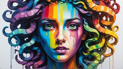 medusa portrait rainbow colorful theme oil pallet knife paint painting on canvas with large brush stroke modern art illustration from Generative AI