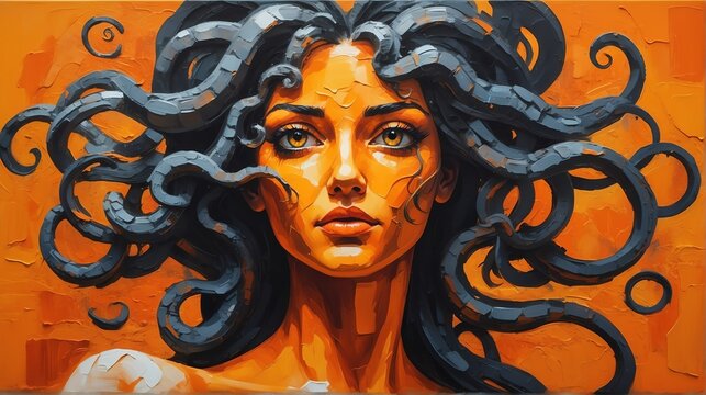 medusa portrait orange theme oil pallet knife paint painting on canvas with large brush stroke modern art illustration abstract from Generative AI