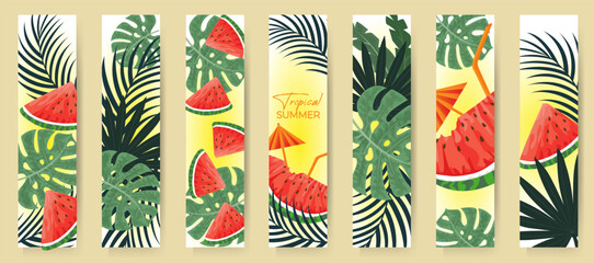 Set summer bookmarks with watermelon slice and tropical leaves. Design for banner, greeting card, poster, cover and other various products.