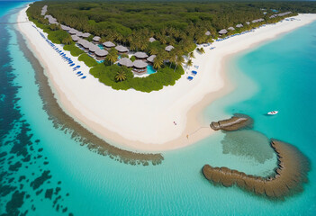 Aerial photo of beautiful paradise Maldives tropical beach on island -  colorful background - obrazy, fototapety, plakaty