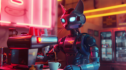 Cat man barista, Portrait of a robot cat-man barista making coffee in a cafe. - obrazy, fototapety, plakaty