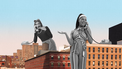 Monochrome image of beautiful young women, friends talking on phone over cityscape background. Rumors, cheerful talks. Contemporary art collage. Concept of architecture, retro and vintage, friendship - obrazy, fototapety, plakaty