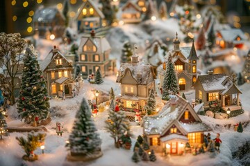 A wide-angle shot of a Christmas village adorned with numerous lights, miniature houses, and trees, creating a festive and bright atmosphere