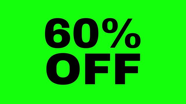 4K 60% flat crisp simple black animated letters, new price, black Friday, shopping, sixty percent off, Animation Video, motion graphics, green screen chroma key.