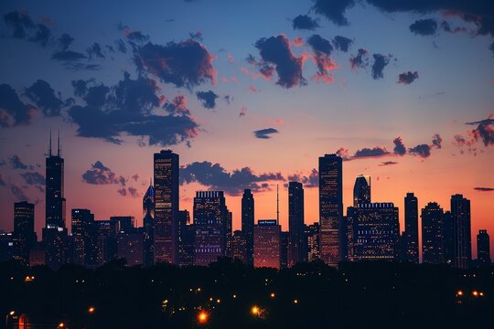 The city skyline is illuminated by the setting sun, creating a warm and vibrant glow over the buildings and streets