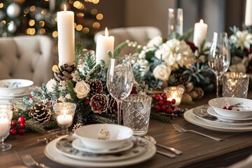 Obraz na płótnie Canvas Festive Christmas table set with plates and candles, adorned with holiday-themed decorations for a holiday gathering