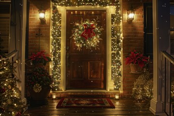 Fototapeta na wymiar A front door adorned with twinkling Christmas lights and wreaths, creating a festive and welcoming entrance