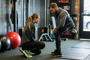A man and a woman are seen exercising in a gym, focusing on strength training and functional...