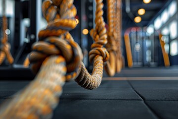 Detailed view of functional training battle ropes in use at a gym