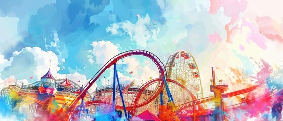 Vibrant watercolor scene of a roller coaster looping against a sunny sky in a bustling theme park - obrazy, fototapety, plakaty