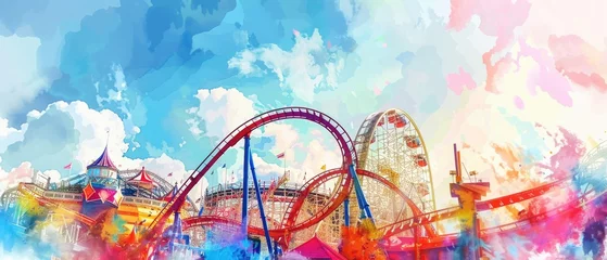 Fotobehang Vibrant watercolor scene of a roller coaster looping against a sunny sky in a bustling theme park © Pungu x