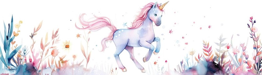 Obraz na płótnie Canvas Whimsical watercolor wall decal of a magical unicorn with a Wishing you a Sparkling Birthday message in a storybook font