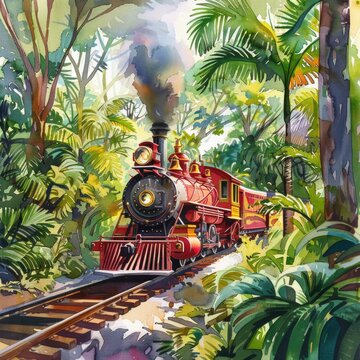 Watercolor illustration of a theme park train chugging along a track surrounded by lush greenery