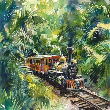 Watercolor illustration of a theme park train chugging along a track surrounded by lush greenery
