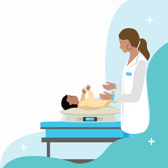 A friendly doctor examines a newborn baby in his office. Pediatrics. Child development. Vector illustration in flat style with empty space for text on a white background. - 769706530