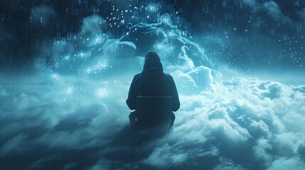 A hacker sits before a laptop, immersed in a digital polygonal cloud overlaid with binary code, portraying the dual nature of cloud computing and criminality in a double exposure scene