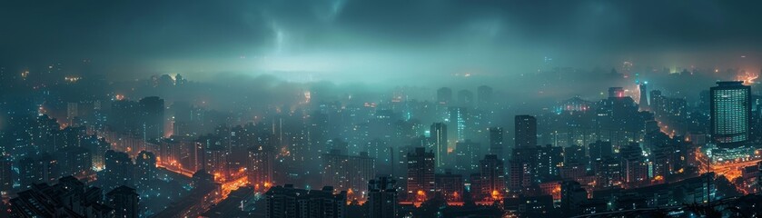 The mist hangs like a veil shielding the mysteries of the nighttime metropolis.