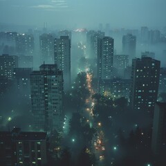 Fototapeta na wymiar The mist hangs like a veil shielding the mysteries of the nighttime metropolis.