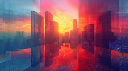 The realism of titanium skyscrapers reflecting the colors of the sunset