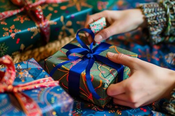 Fototapeta na wymiar A persons hands holding a gift box wrapped with colorful paper and tied with a blue ribbon
