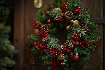Christmas wreath hanging on a door, showcasing festive decoration