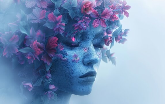 Imagem criada com IA generativa de uma deusa misteriosa e surreal com uma coroa de flores.