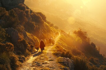 Pilgrims on a spiritual journey walking along a dirt road - obrazy, fototapety, plakaty