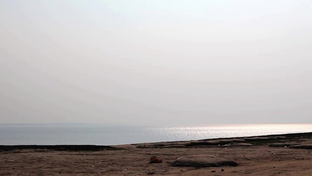 Sea water is sparkling in the afternoon sunlight. Beautiful natural scenery from Musapur Sea Beach, Noakhali district in Bangladesh. Calm flowing water of Choto Feni River and Bay of Bengal.