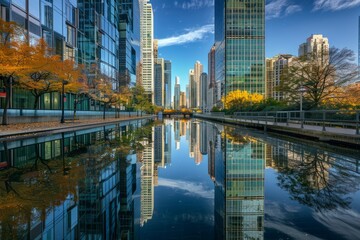 Tall buildings and skyscrapers are mirrored in a body of water in an urban cityscape scene