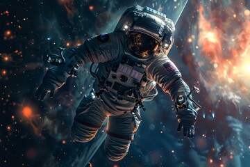 A man in a space suit is flying through space, surrounded by stars and galaxies, showcasing futuristic space exploration concepts in a zero-gravity environment