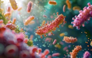 A detailed 3D representation of the active interactions between micronutrients and healthy bacteria - obrazy, fototapety, plakaty