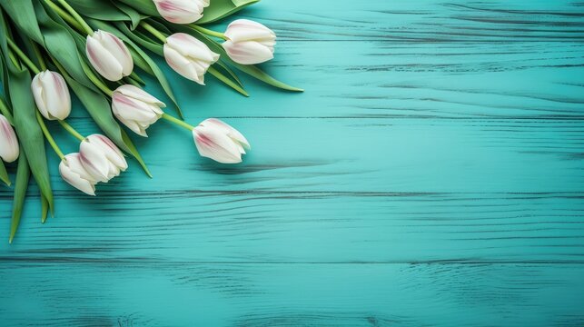 Tulips on turquoise wooden background. Spring flowers. Spring background. Greeting card for Valentine's Day, Woman's Day and Mother's Day. Top view.