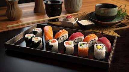 Sushi set, japanese traditional food, restaurant.