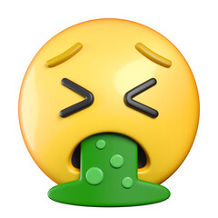 Vomiting emoji, face with scrunched eyes spewing bright green vomit emoticon 3d rendering