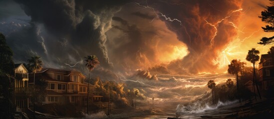 A powerful tornado approaches a solitary house in a dense forest in a captivating painting capturing the force of nature in a tranquil landscape - obrazy, fototapety, plakaty