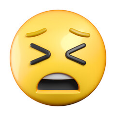 Tired Face emoji, face with scrunched, X-shaped eyes, furrowed eyebrows, and a broad, open frown, as if yawning in exhaustion or groaning in exasperation emoticon 3d rendering