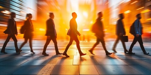 Silhouettes of walking people. Multiple exposure blurred image. Business concept illustration. - obrazy, fototapety, plakaty
