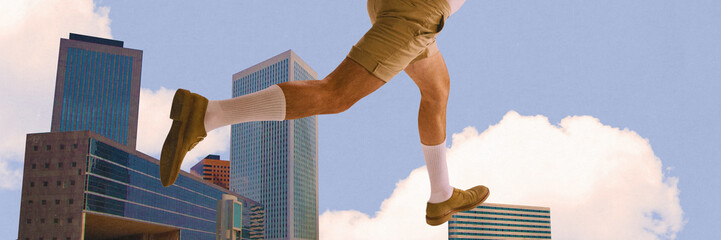 Giant man in shorts and brown shoes stepping over skyscrapers with clouds above. Contemporary art...