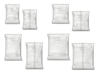 Blank white food snack package. Pillow bag. Vector mock-up set. Realistic crumpled plastic pouch packaging front and back mockup. Template for design - 769708592