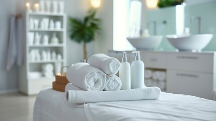 New Spa Massage Room, Featuring Organic Skincare Products and Crisp White Towels for Ultimate Comfort
