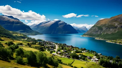 Photo sur Aluminium Europe du nord Serene Panoramic View of a Nordic Fjord Amidst Lush Greenery Under a Blue Sky